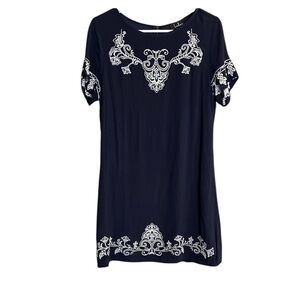 Lulu's Navy Lined Dress with White Embroidery